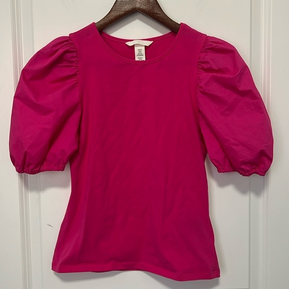 H&M Women’s Pink Puff-Sleeved Crewneck Blouse Top size XS - Picture 2 of 5